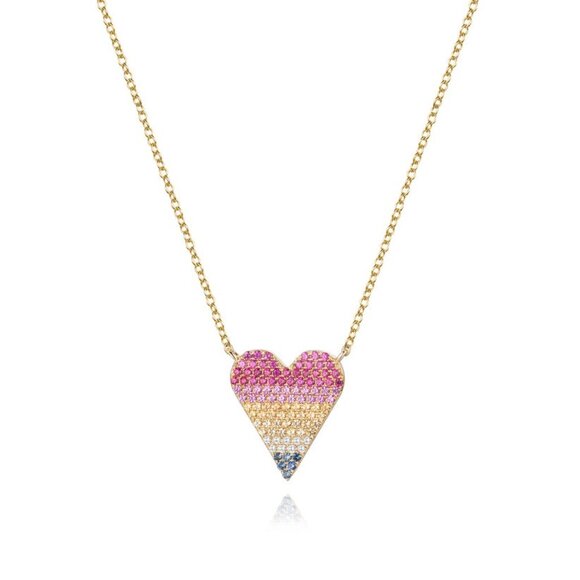 AdornA Jewelry - Heart Pave 14K Yellow Gold Multicolor Sapphire Diamond Necklace